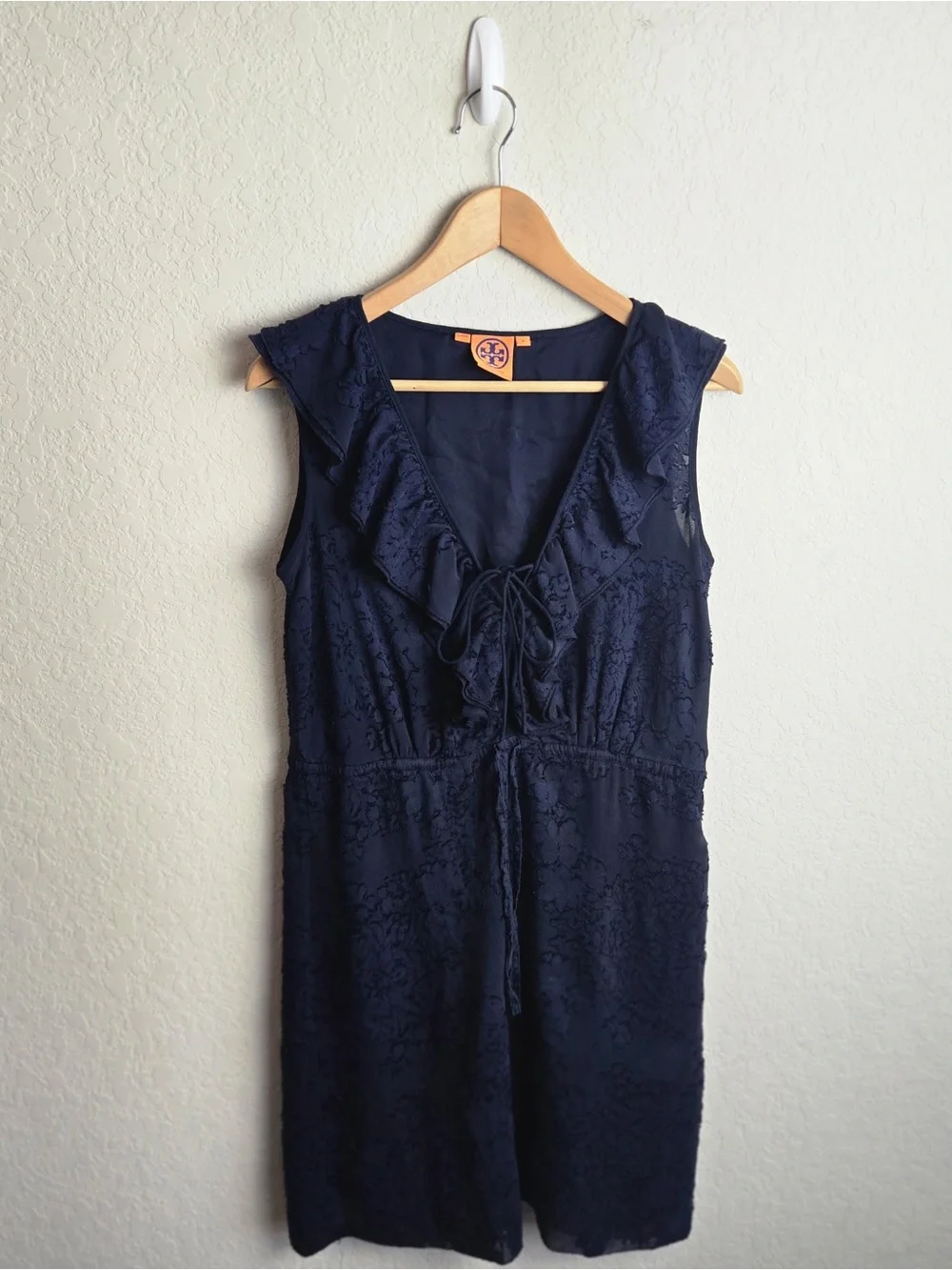 Tory Burch Lallie Silk Floral Sleeveless Ruffle Dress 6 Navy Blue Womens